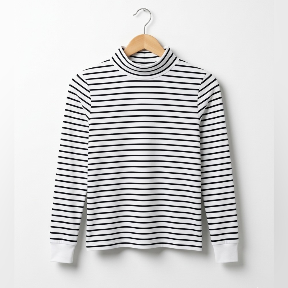 Anthropologie Black & White Striped Cotton Mock Neck Long Sleeve Top NWOT